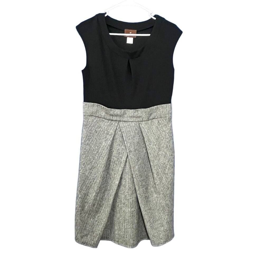 Prairie New York Black  Gray Pleated Wool Herringbone Dress Sleeveless Size LARG